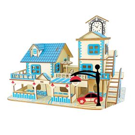 3D Wooden Puzzle for Adult Blue House DIY Assembly Building Cityscape Model Home Decor Gift