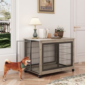 Furniture Style Dog Crate Side Table on Wheels with Double Doors and Lift Top (Color: Grey)