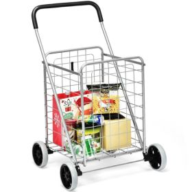 Jumbo Basket Folding Shopping Cart With Swiveling Wheels And Dual Storage Baskets (Type: Kitchen Tools, Color: Silver A)